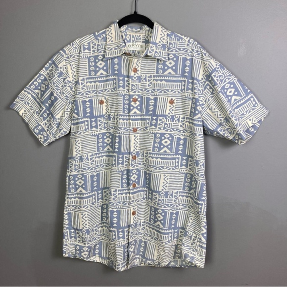 Orvis shirt men's M Vintage camp short sleeve‎ batik print block print slim